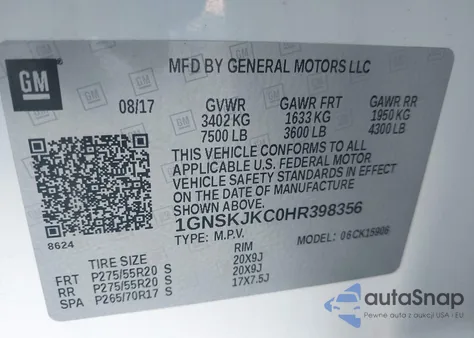 2017 Chevrolet Suburban Premier из США, поврежденный, VIN 1GNSKJKC0HR398356